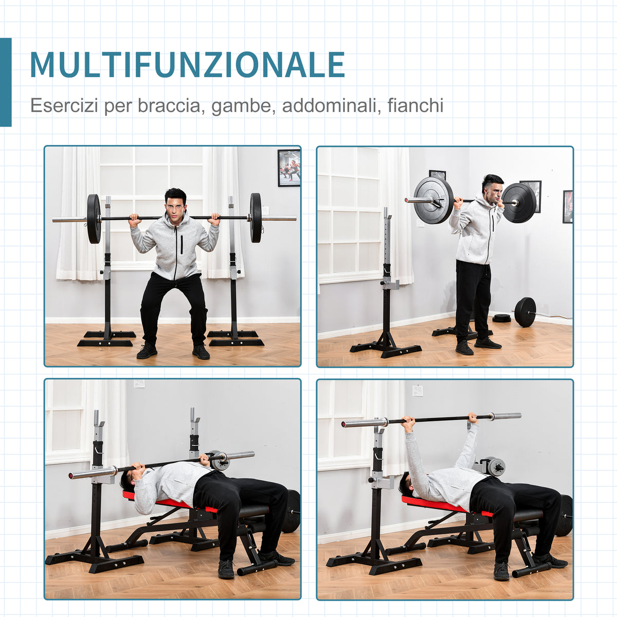 Set 2 Rack Porta Bilanciere in Acciaio, 2 Ganci con Altezza Regolabile, Capacità 150kg, 55x57x105-170cm, Nero