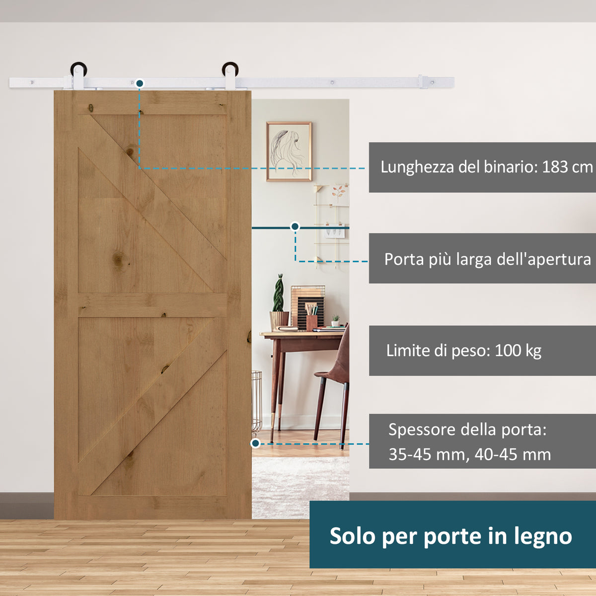 Kit per Porta Scorrevole con Binario 183cm, Rotelle e Minuteria Inclusa, Bianco