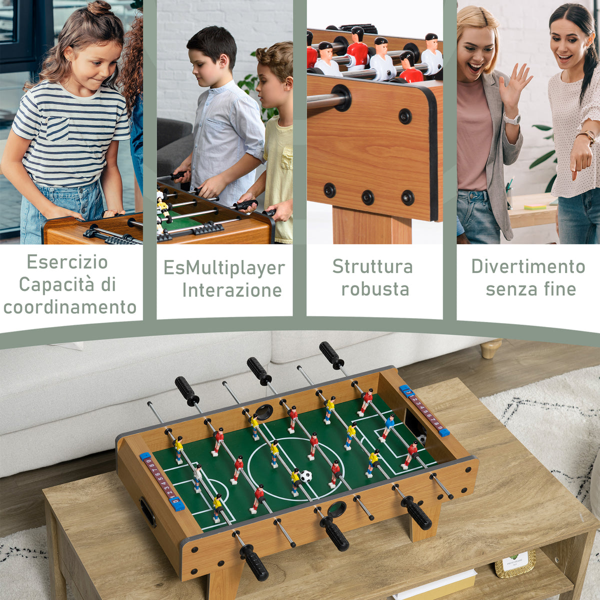 Calcio Balilla Pieghevole per Adulti e Bambini con 2 Palline e Segnapunti, in Legno, 69x36.5x22 cm, color Legno