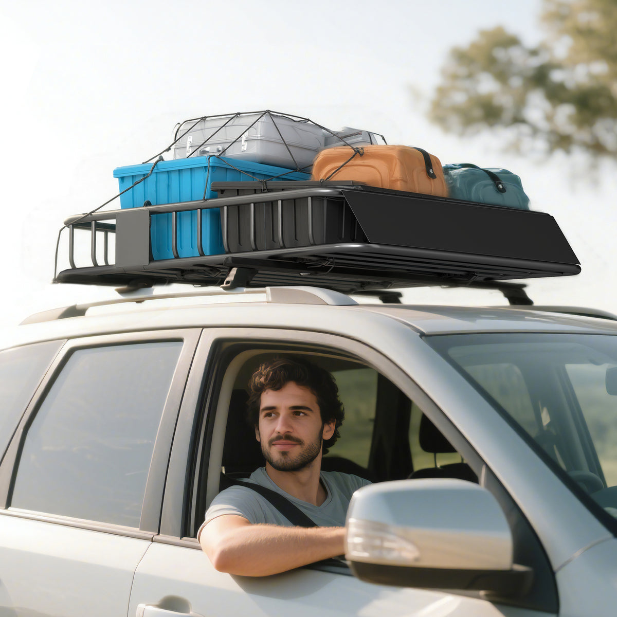 Portapacchi per Auto in Acciaio da 90.7 kg con Deflettori e Guide Laterali, 110.5x99.5x18.5 cm, Nero