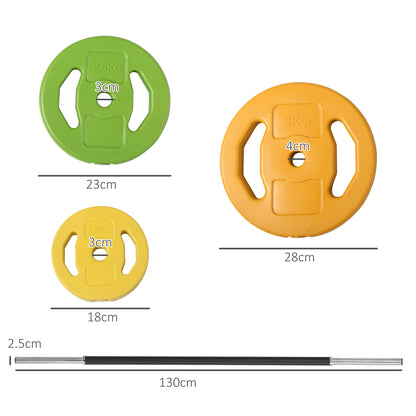 Set Bilanciere e Dischi da 20 kg totali Antiscivolo con 6 Pesi e 2 Clip di Fissaggio, 28x130 cm, Multicolore